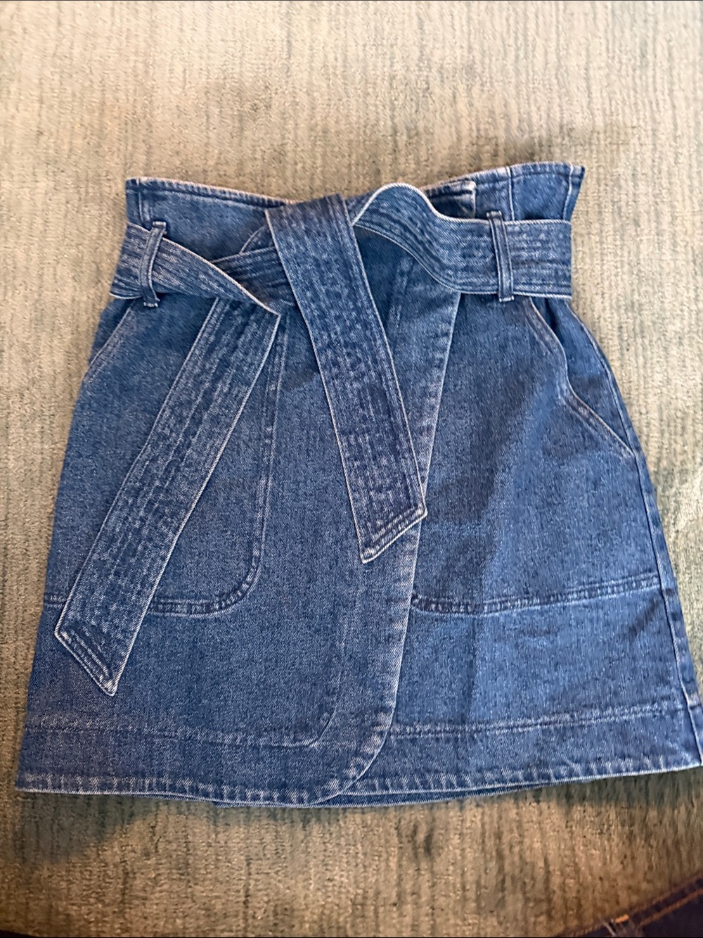 Sezane Lana Blue Denim Paperbag Waist Mini Skirt with Self-Tie Belt